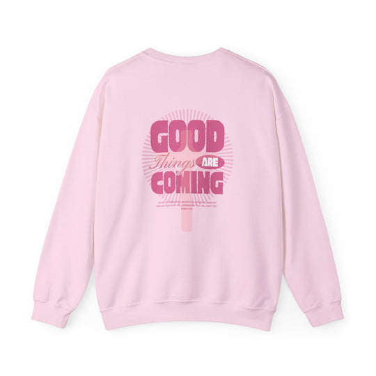 Good Things are Coming Crew, unisex heavy blend crewneck sweatshirt, featuring a cozy fit with ribbed collar and durable double-needle stitching for lasting comfort.