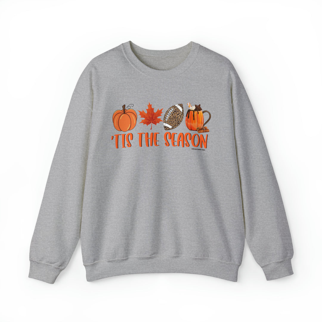 Unisex Tis the Season Crew sweatshirt, a cozy blend of polyester and cotton. Ribbed knit collar, no itchy seams, loose fit, medium-heavy fabric. Perfect for comfort and style.