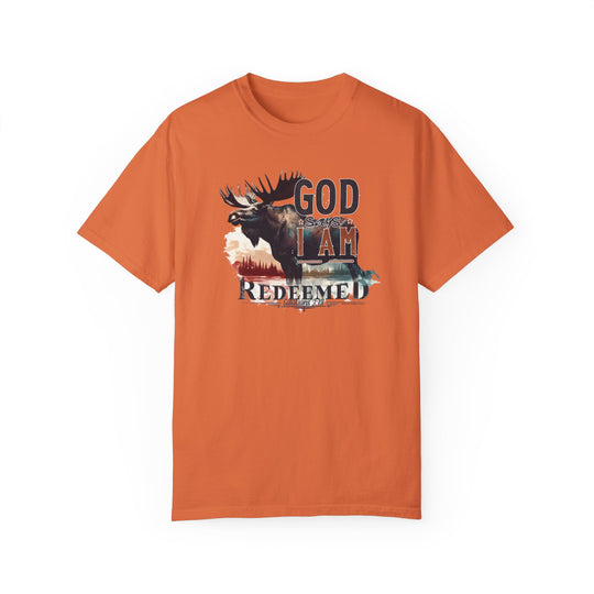 Redeemed Tee: A cozy, ring-spun cotton t-shirt featuring a moose design. Garment-dyed for softness, with double-needle stitching for durability. Perfect for daily wear. Available in various sizes.