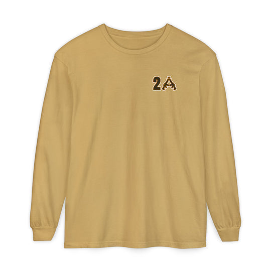 2A Long Sleeve Tee in mustard-yellow, featuring a 2A graphic with crossed rifles on the chest, made from soft 100% ring-spun cotton for comfort.