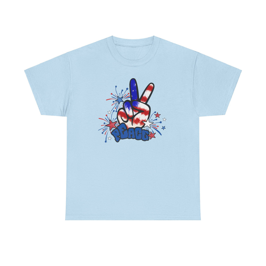 A staple Peace America Tee from Worlds Worst Tees, featuring a hand-drawn peace sign on a blue t-shirt. Unisex, heavy cotton with ribbed collar, tape shoulders, and no side seams. Sizes S-5XL.