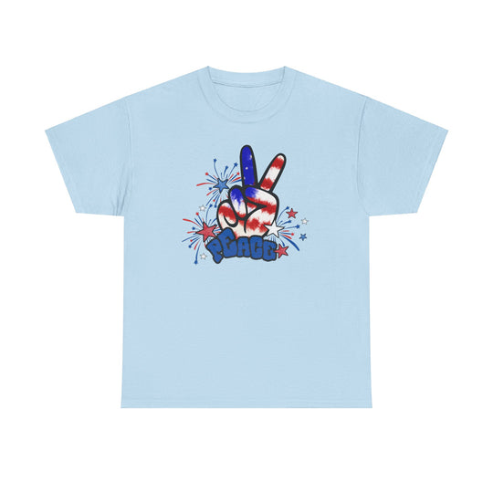 A staple Peace America Tee from Worlds Worst Tees, featuring a hand-drawn peace sign on a blue t-shirt. Unisex, heavy cotton with ribbed collar, tape shoulders, and no side seams. Sizes S-5XL.