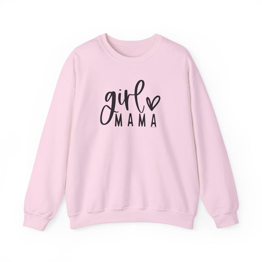 A Girl Mama Crew unisex heavy blend sweatshirt in pink with black text. Made of 50% cotton, 50% polyester, ribbed knit collar, and no itchy side seams. Loose fit, medium-heavy fabric.
