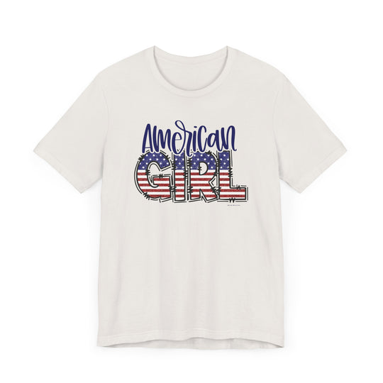 American Girl Tee: A classic white unisex jersey tee with a patriotic red, white, and blue text design. Made of soft 100% cotton, featuring ribbed knit collars, taping on shoulders, and dual side seams for durability.