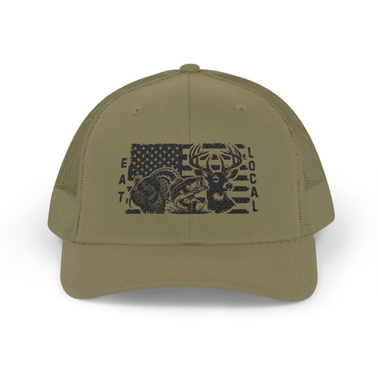 Eat Local Snapback Trucker Cap: Olive-green hat with distressed U.S. flag, animal silhouettes, and “EAT LOCAL” text on front. Mesh back, adjustable fit.