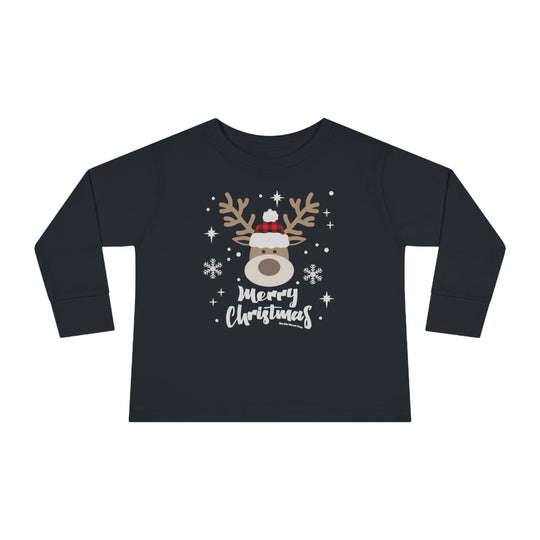 A black toddler long-sleeve tee featuring a deer design, ideal for the holidays. Made of 100% combed ringspun cotton, with ribbed collar and EasyTear™ label for comfort and durability.