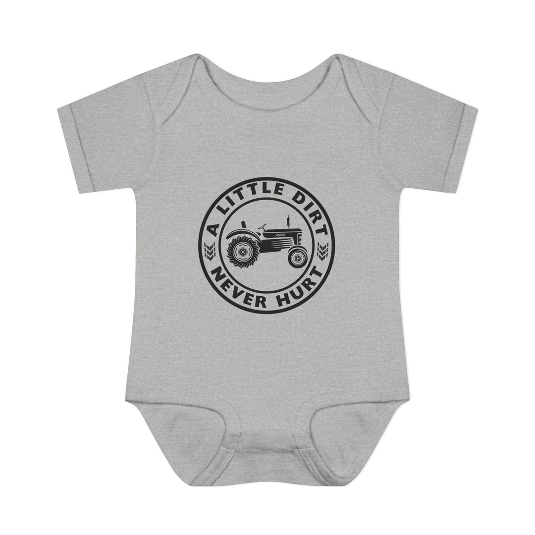 Heather-gray baby onesie with a black graphic of a tractor and “A LITTLE DIRT NEVER HURT.” Features lap shoulders, perfect for comfort and easy changing.