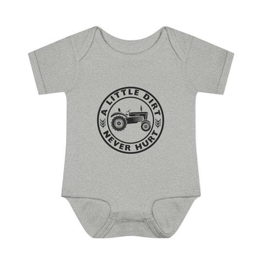 Heather-gray baby onesie with a black graphic of a tractor and “A LITTLE DIRT NEVER HURT.” Features lap shoulders, perfect for comfort and easy changing.