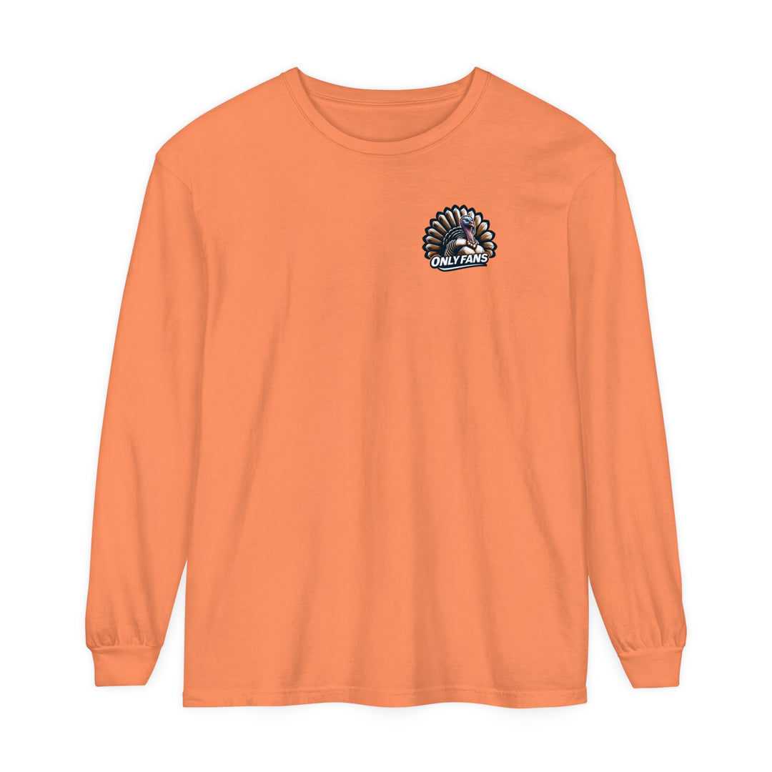 A classic fit Only Fans Hunting Long Sleeve T-Shirt in orange, made of soft ring-spun cotton. Garment-dyed fabric with a relaxed fit for comfort. Ideal for casual wear.
