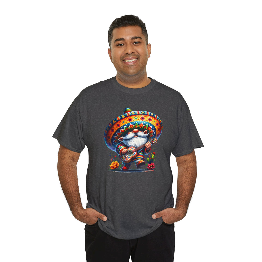 A whimsical Mexican Gnome Tee featuring a cartoon gnome in a sombrero playing a guitar on a grey shirt. Unisex, heavy cotton fabric with no side seams for comfort. Ethically made with 100% US cotton.