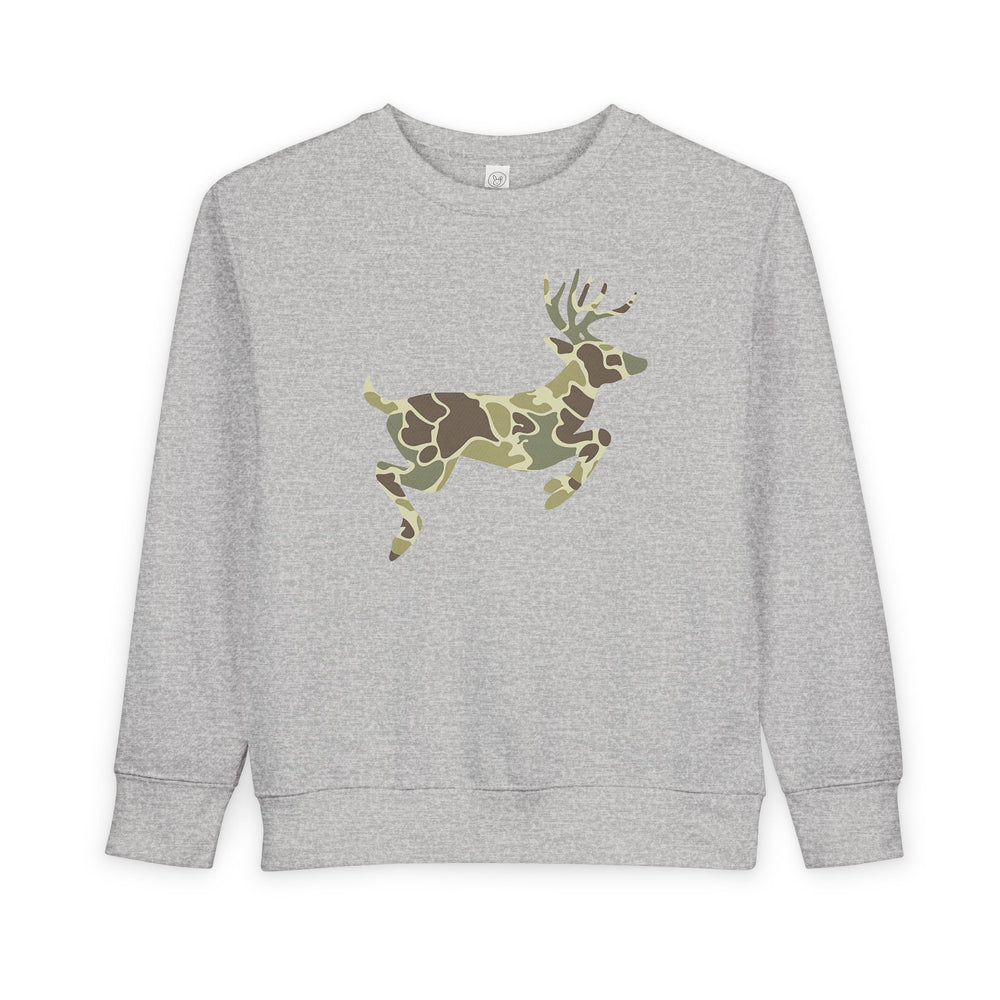 Camo Deer Toddler Crew sweatshirt with a leaping deer in camouflage, crafted from soft fleece for warmth and comfort, featuring ribbed details for durability.