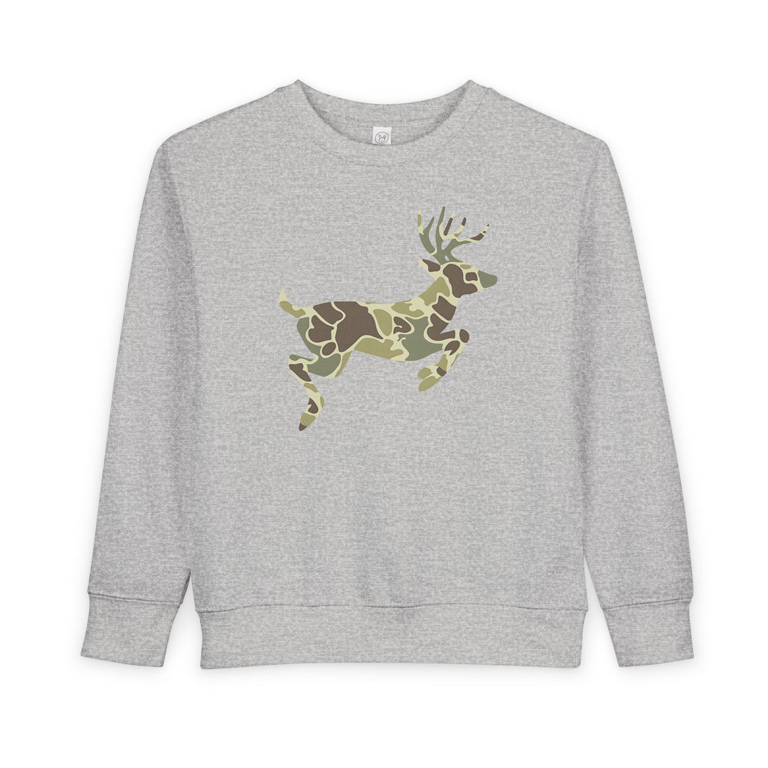 Camo Deer Toddler Crew sweatshirt with a leaping deer in camouflage, crafted from soft fleece for warmth and comfort, featuring ribbed details for durability.
