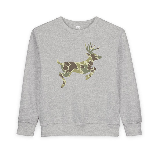 Camo Deer Toddler Crew sweatshirt with a leaping deer in camouflage, crafted from soft fleece for warmth and comfort, featuring ribbed details for durability.