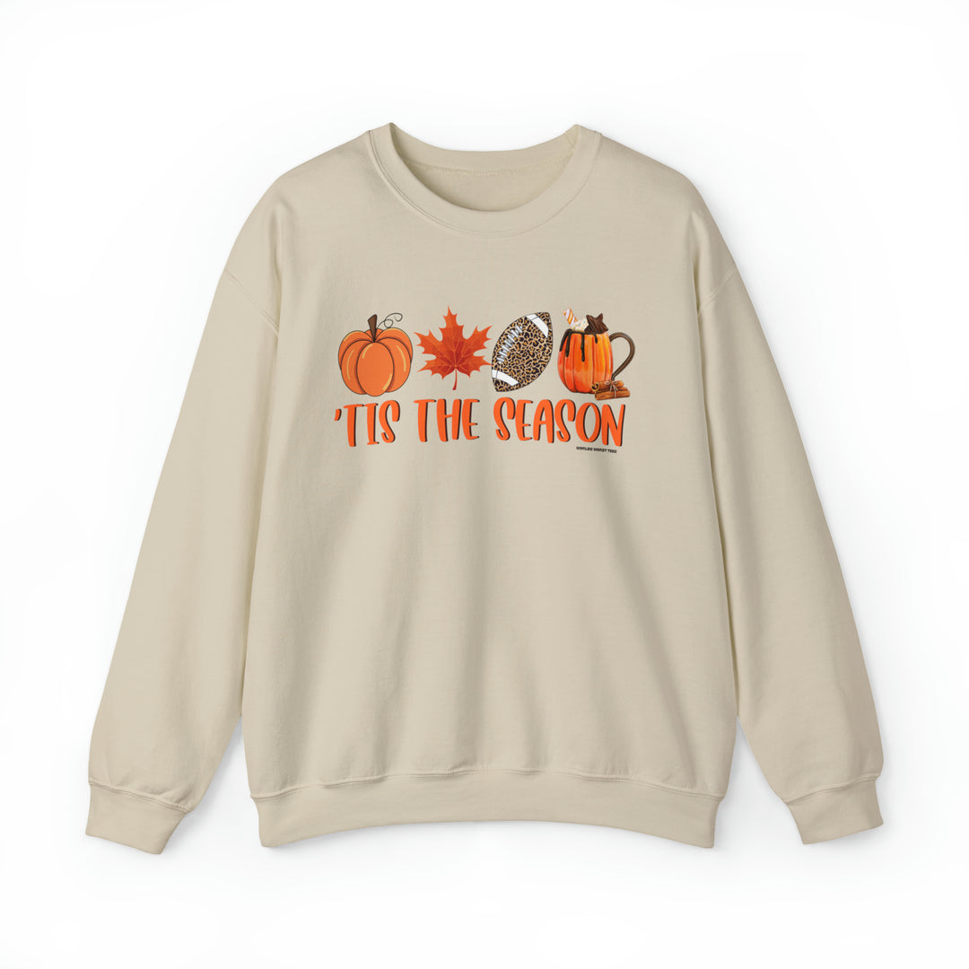 Unisex Tis the Season Crew sweatshirt with pumpkin and leaf design. Cotton-polyester blend, ribbed knit collar, loose fit, medium-heavy fabric. Ideal for comfort and style.