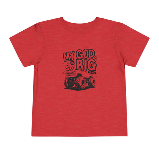 My GOD is So Big Toddler Tee, crafted from soft Airlume cotton, offers a comfortable fit with a tear-away label, perfect for everyday toddler wear.