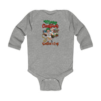 A grey baby bodysuit featuring a cartoon character in a robe and hat, with a man and a bag of presents. Infant long sleeve bodysuit with ribbed bindings, plastic snaps, and soft fabric for durability and comfort. From 'Worlds Worst Tees'.