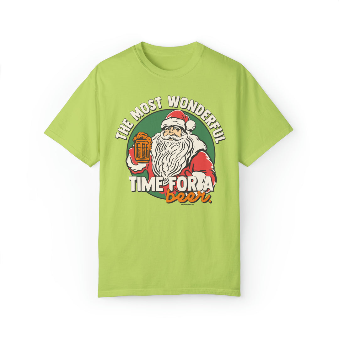 A green shirt featuring Santa Claus holding a beer, embodying festive humor. Unisex sweatshirt with a relaxed fit, crafted from 80% ring-spun cotton and 20% polyester. From 'Worlds Worst Tees'.