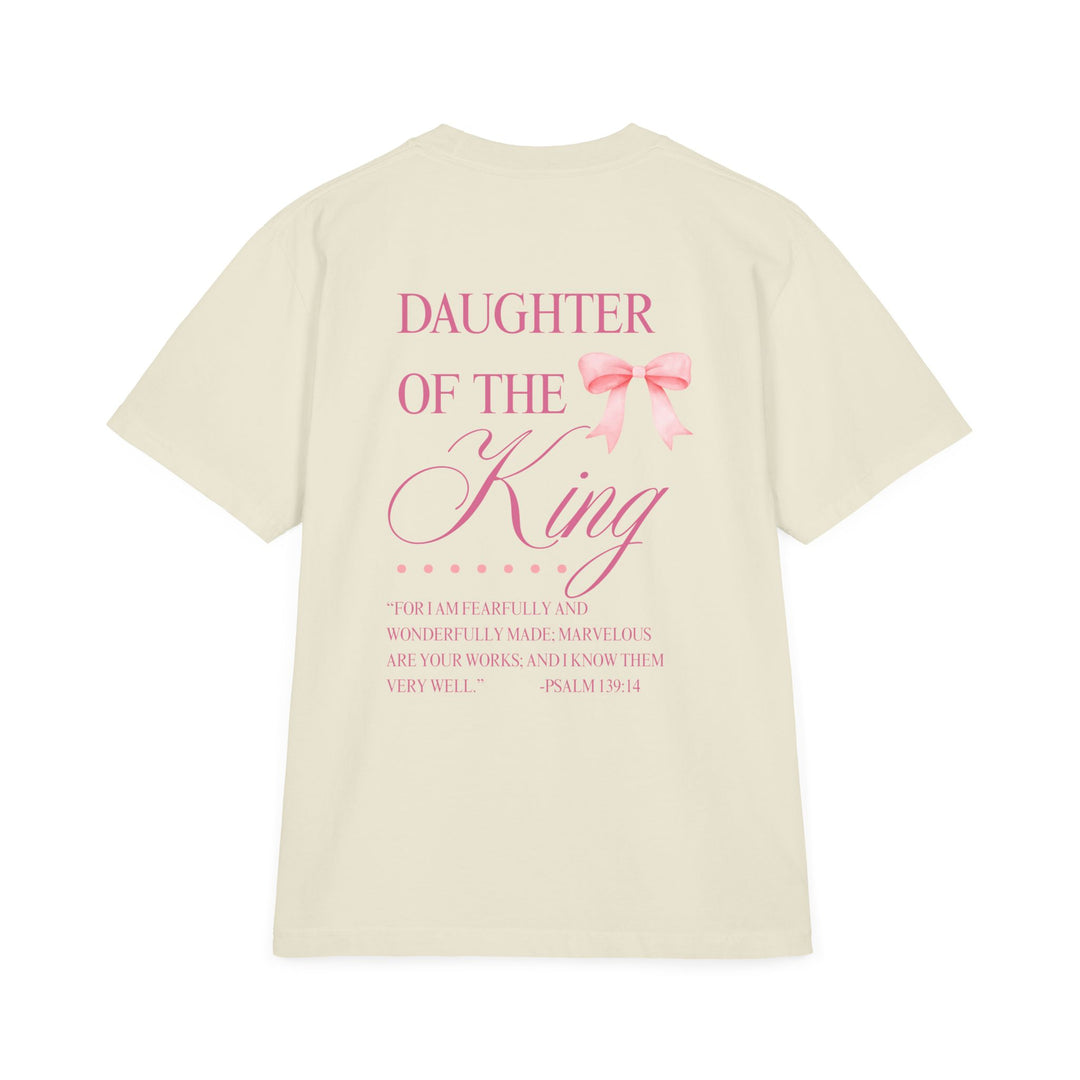 Daughter of the King Tee: Unisex drop-shoulder t-shirt with vintage aesthetic, oversized fit, ribbed crew neck, and reinforced stitching, offering comfort and timeless streetwear style.