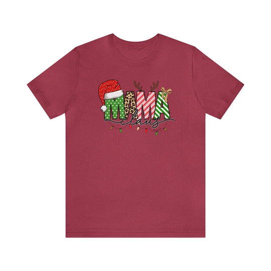 Unisex Mama Claus Tee: A red shirt with a festive graphic design. Soft cotton, ribbed knit collar, and retail fit for comfort. Sizes XS to 5XL.