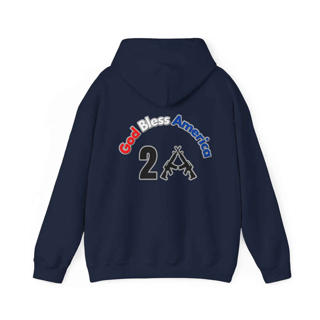 A blue hooded sweatshirt with a logo featuring text and guns, a blend of cotton and polyester for comfort and warmth. Unisex, classic fit, kangaroo pocket, tear-away label. God Bless America 2A Hoodie by Worlds Worst Tees.