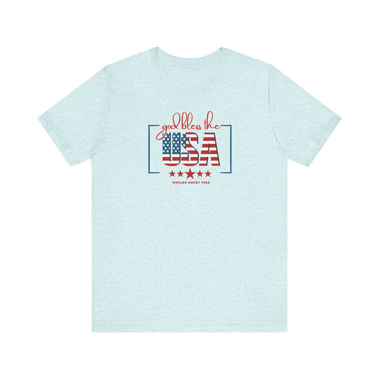 A patriotic God Bless the USA Tee, featuring red, white, and blue text on a white shirt. Unisex jersey tee with ribbed knit collar, Airlume cotton, and retail fit. Sizes XS to 3XL.