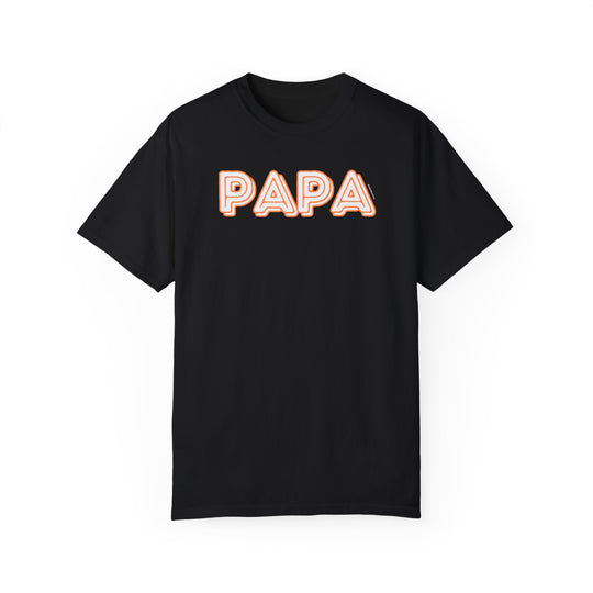 A relaxed fit Papa Tee, a black shirt with white text, crafted from 100% ring-spun cotton. Garment-dyed for extra coziness, featuring double-needle stitching for durability and a seamless design for a tubular shape.