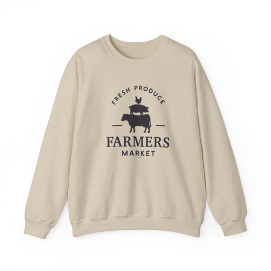 A Farmers Market Crew unisex sweatshirt with a logo of cows and a cat. Made of 50% Cotton 50% Polyester, ribbed knit collar, and no itchy side seams. Medium-heavy fabric, loose fit, true to size.