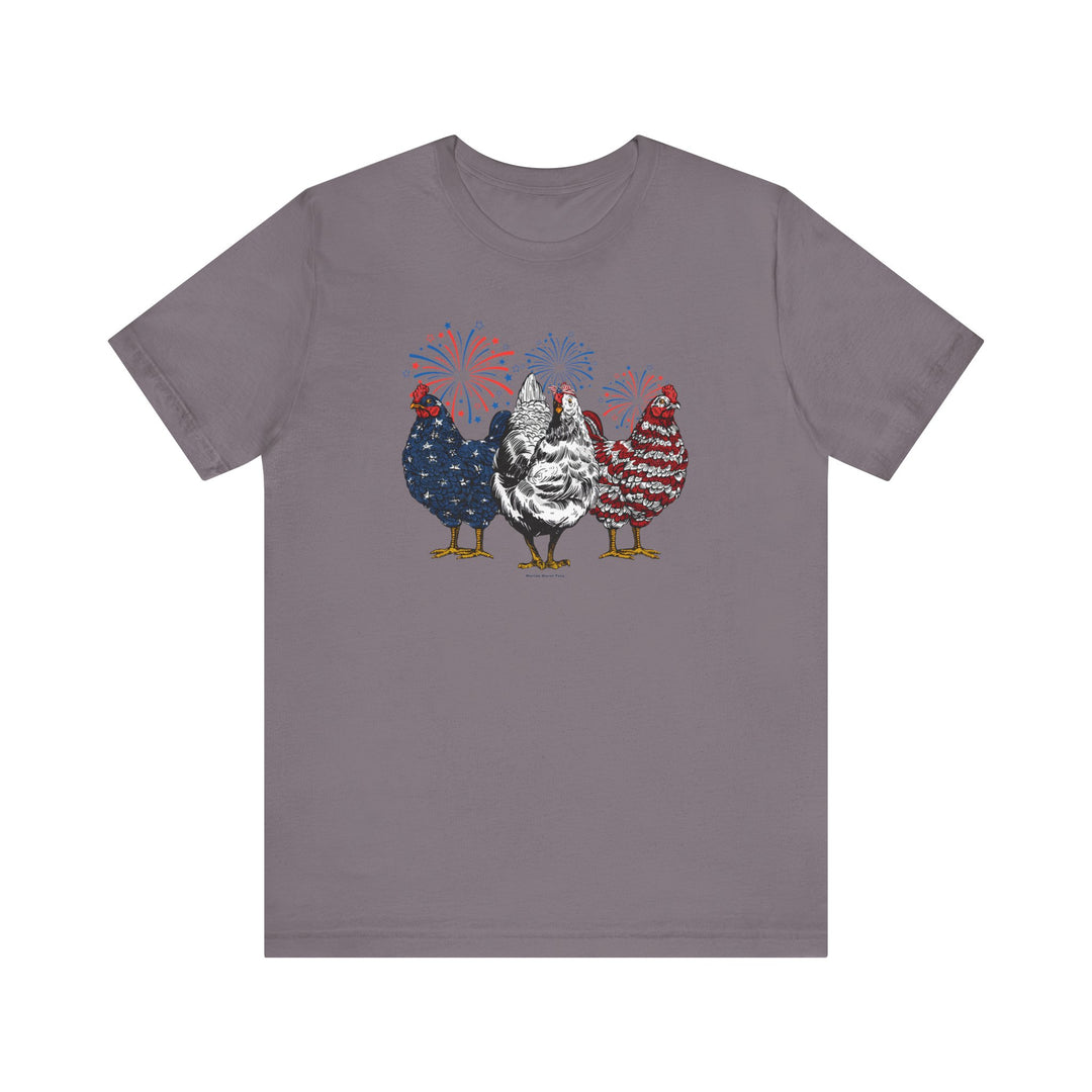 A classic unisex jersey tee featuring a picture of chickens, perfect for Fourth of July celebrations. Made of 100% cotton, with ribbed knit collars and taping on shoulders for a comfortable fit.