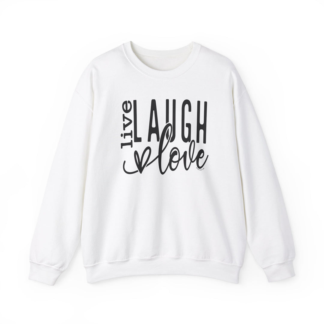A unisex Live Laugh Love Crew heavy blend sweatshirt from Worlds Worst Tees. Features ribbed knit collar, no itchy seams, and a loose fit. Made of 50% cotton and 50% polyester.