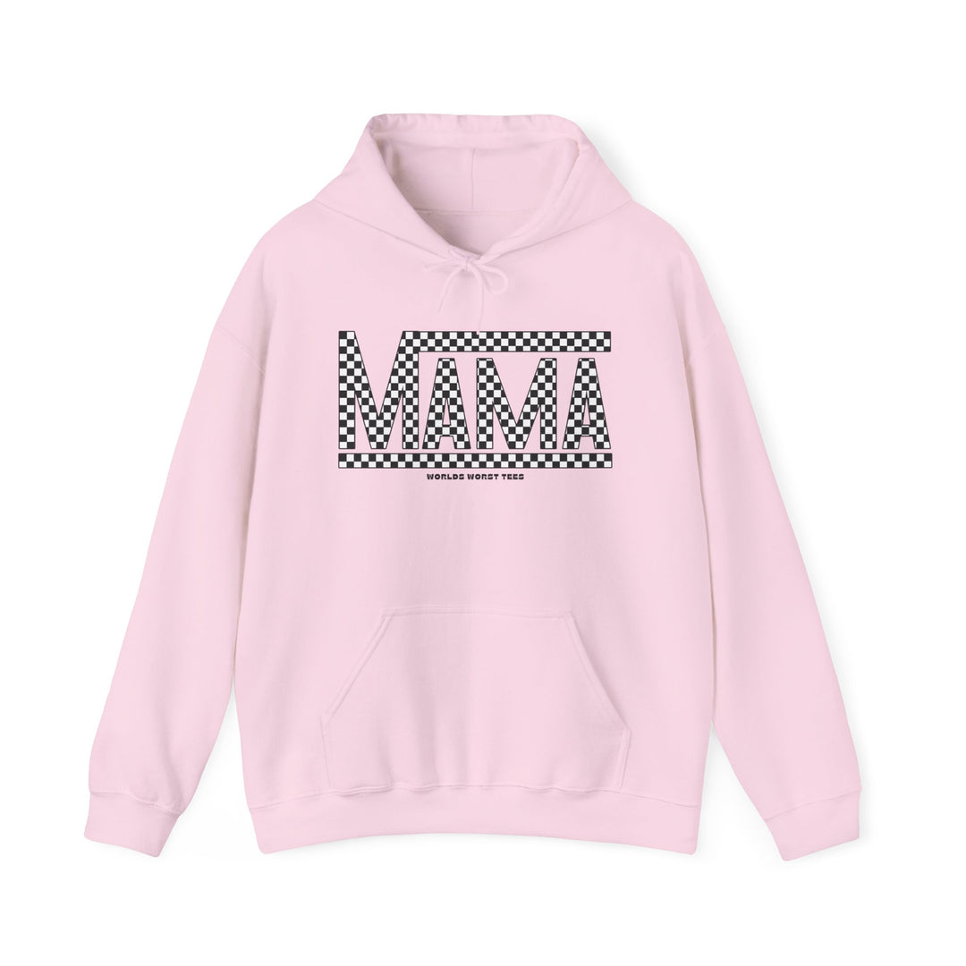 Unisex Vans Mama Hoodie, pink with black and white checkered text. Cotton-polyester blend, kangaroo pocket, drawstring hood. Medium-heavy fabric, classic fit, tear-away label. Ideal for relaxation and warmth.