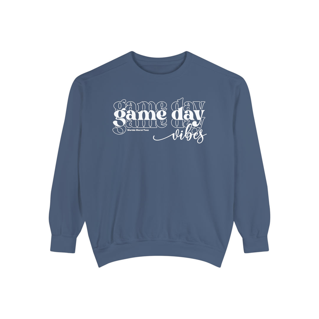 A unisex Game Day Vibes Crew sweatshirt in blue with white text. Made of 80% ring-spun cotton and 20% polyester, featuring a relaxed fit and rolled-forward shoulder. From Worlds Worst Tees.
