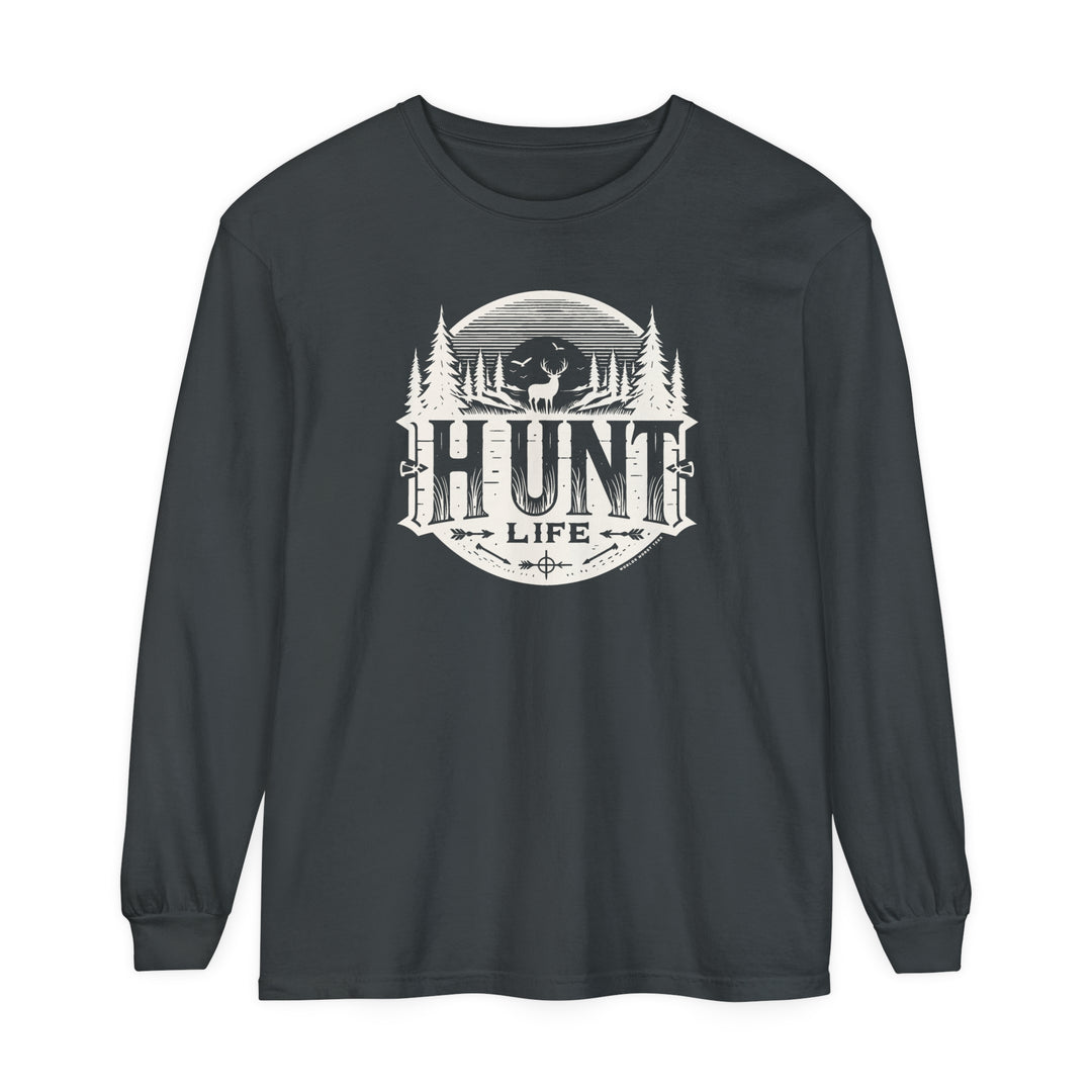 Hunt Life Long Sleeve T-Shirt featuring a graphic design of a deer and trees on soft ring-spun cotton. Classic fit, garment-dyed fabric for comfort and style. Ideal for casual wear.