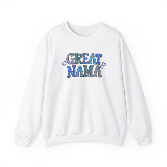 Unisex heavy blend crewneck sweatshirt, Great Nama Crew. White with blue text. Ribbed knit collar, no itchy side seams. 50% cotton, 50% polyester, loose fit, medium-heavy fabric. Sizes S-5XL.