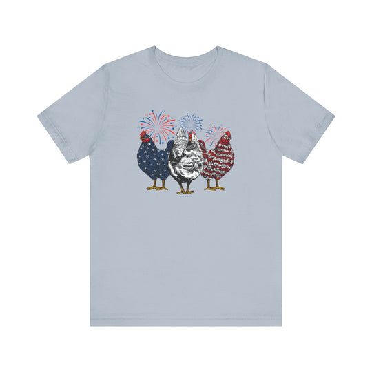 A classic unisex jersey tee featuring a vibrant Chicken 4th design with chickens and fireworks. Made of 100% cotton, retail fit, ribbed knit collars, and tear-away label. Sizes XS to 3XL.