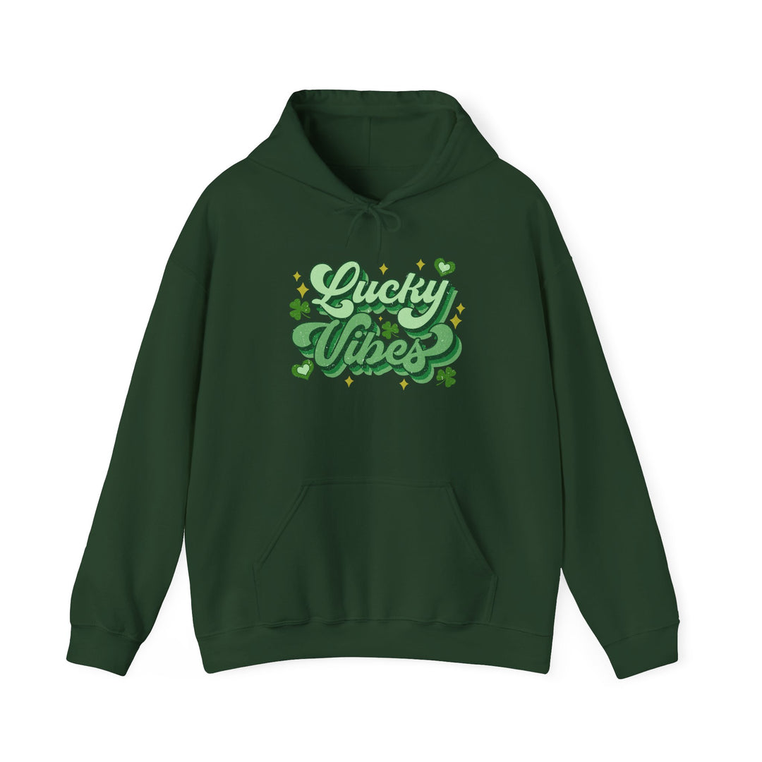 Good Day Lucky Day Hoodie: green sweatshirt with matching logo, featuring a kangaroo pocket and drawstring hood, ideal for warmth and style.