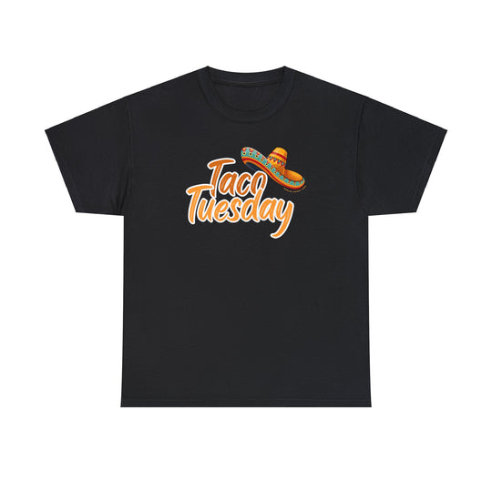 Alt text: Taco Tuesday Tee: Unisex black t-shirt featuring a sombrero logo. Medium fabric, classic fit, tear-away label, ethically made with 100% US cotton. Ideal for casual style from Worlds Worst Tees.