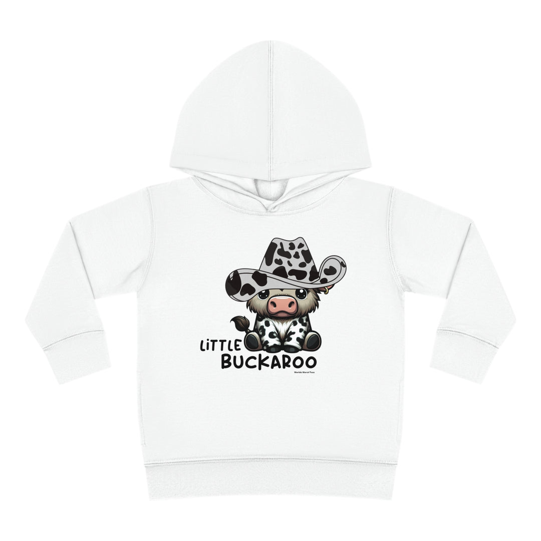 Toddler hoodie with cow wearing a cowboy hat, designed for comfort and durability. Features jersey-lined hood, cover-stitched details, and side seam pockets for coziness. From Worlds Worst Tees.