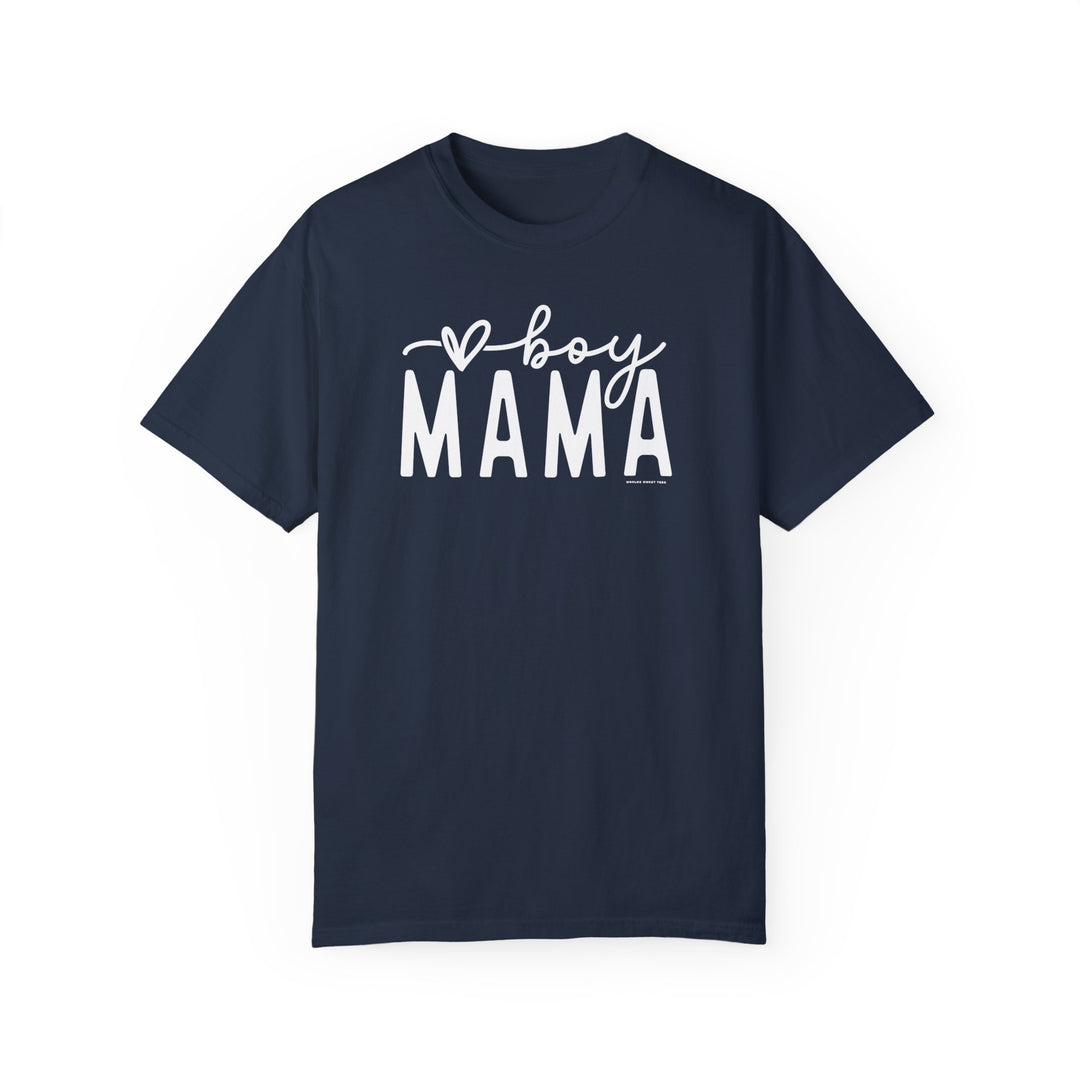 A Boy Mama Tee, garment-dyed 100% ring-spun cotton shirt. Soft-washed for coziness, with a relaxed fit, double-needle stitching for durability, and no side-seams for shape retention. From Worlds Worst Tees.