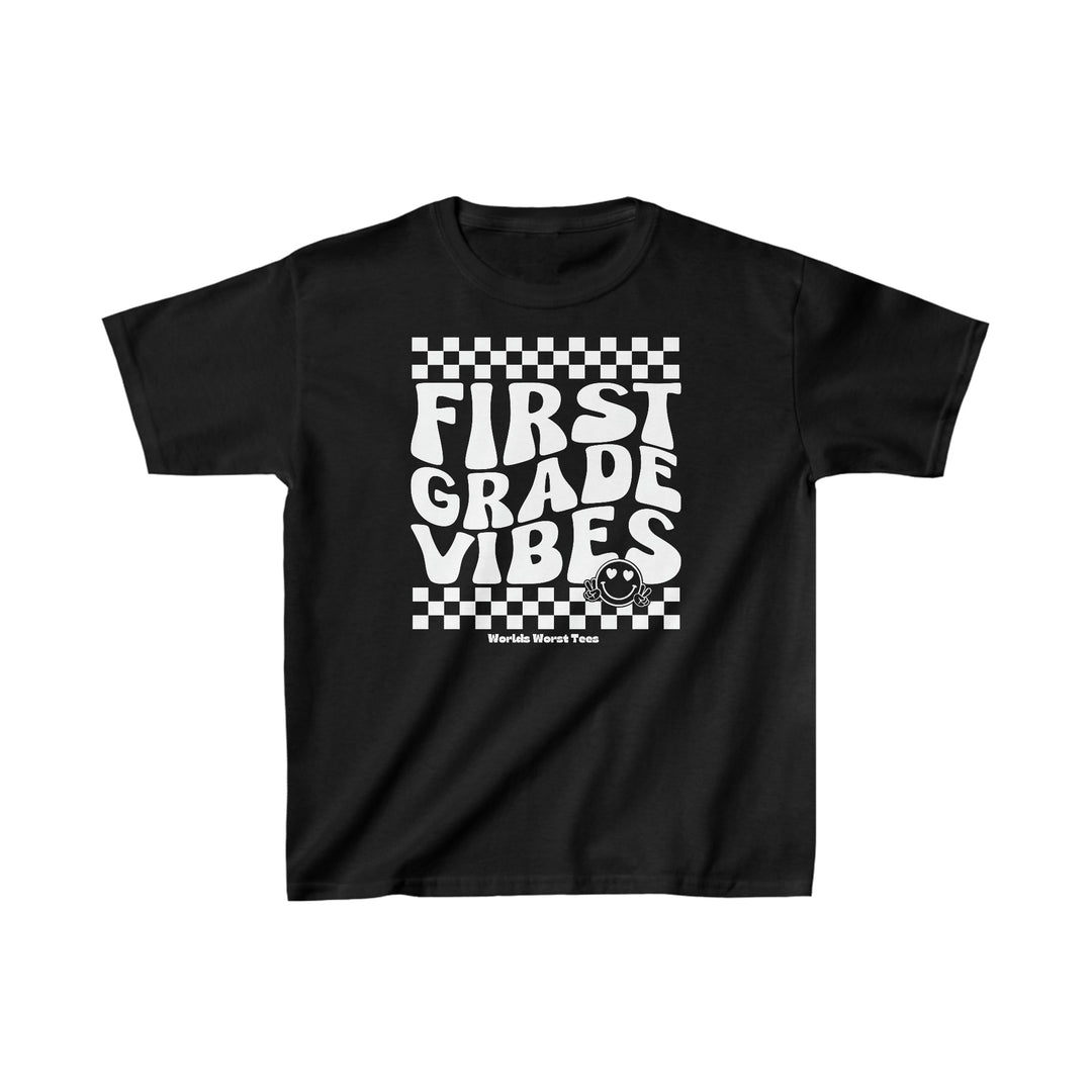 Kids 1st Grade Vibes Tee, black shirt with white text, 100% cotton, light fabric, classic fit, tear-away label, durable twill tape shoulders, ribbed collar, no side seams.