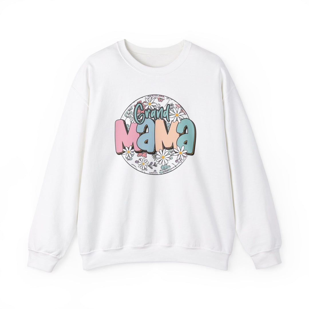 A white crewneck sweatshirt with a graphic design featuring a sassy grand mama flower. Unisex sizing from S to 5XL, 50% cotton, 50% polyester, ribbed knit collar, medium-heavy fabric, loose fit.