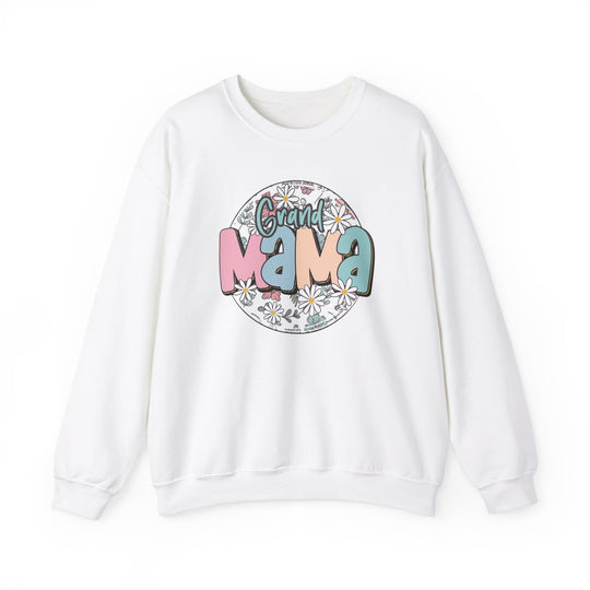 A white crewneck sweatshirt with a graphic design featuring a sassy grand mama flower. Unisex sizing from S to 5XL, 50% cotton, 50% polyester, ribbed knit collar, medium-heavy fabric, loose fit.