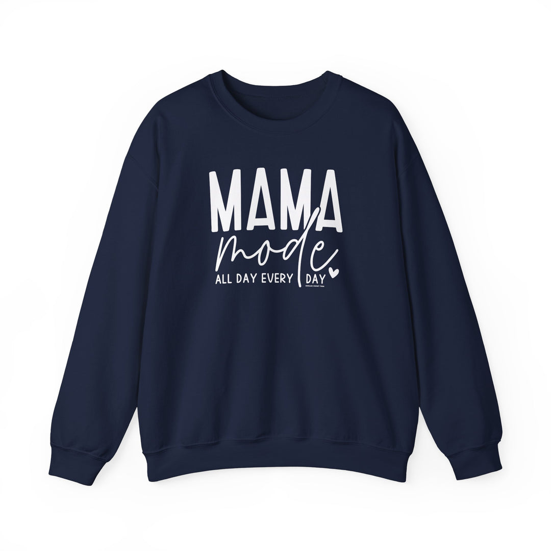 A unisex heavy blend crewneck sweatshirt, Mama Mode Crew, in blue with white text. Made of 50% cotton, 50% polyester, ribbed knit collar, no itchy side seams. Medium-heavy fabric, loose fit, true to size.