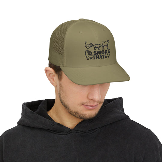 I'd Smoke That Snapback Trucker Cap (Embroidery) with a 6-panel mid-profile, pre-curved visor, and adjustable snap closure, perfect for casual style and comfort.
