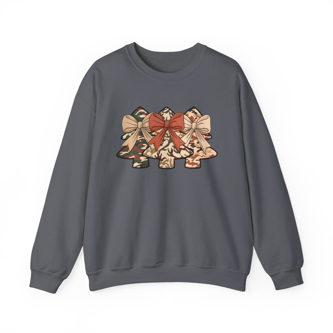 Charcoal-gray crewneck sweatshirt featuring festive camo Christmas trees graphic, unisex, comfortable polyester-cotton blend, ribbed collar, no side seams.