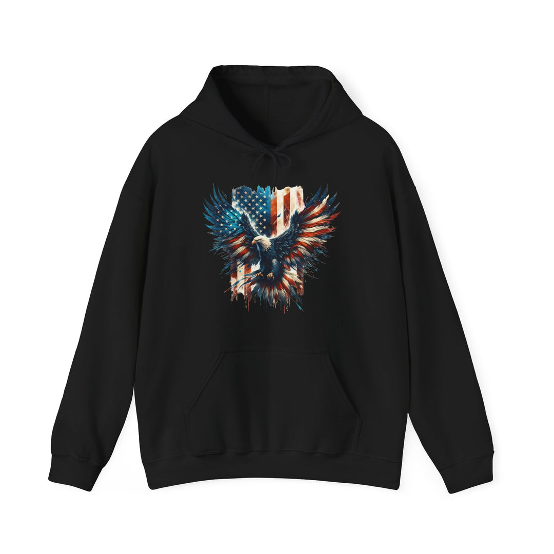 A black American Eagle hoodie, featuring a majestic eagle and flag design. Unisex heavy blend with cotton and polyester for a plush feel. Kangaroo pocket and drawstring hood. Ideal for warmth and comfort.