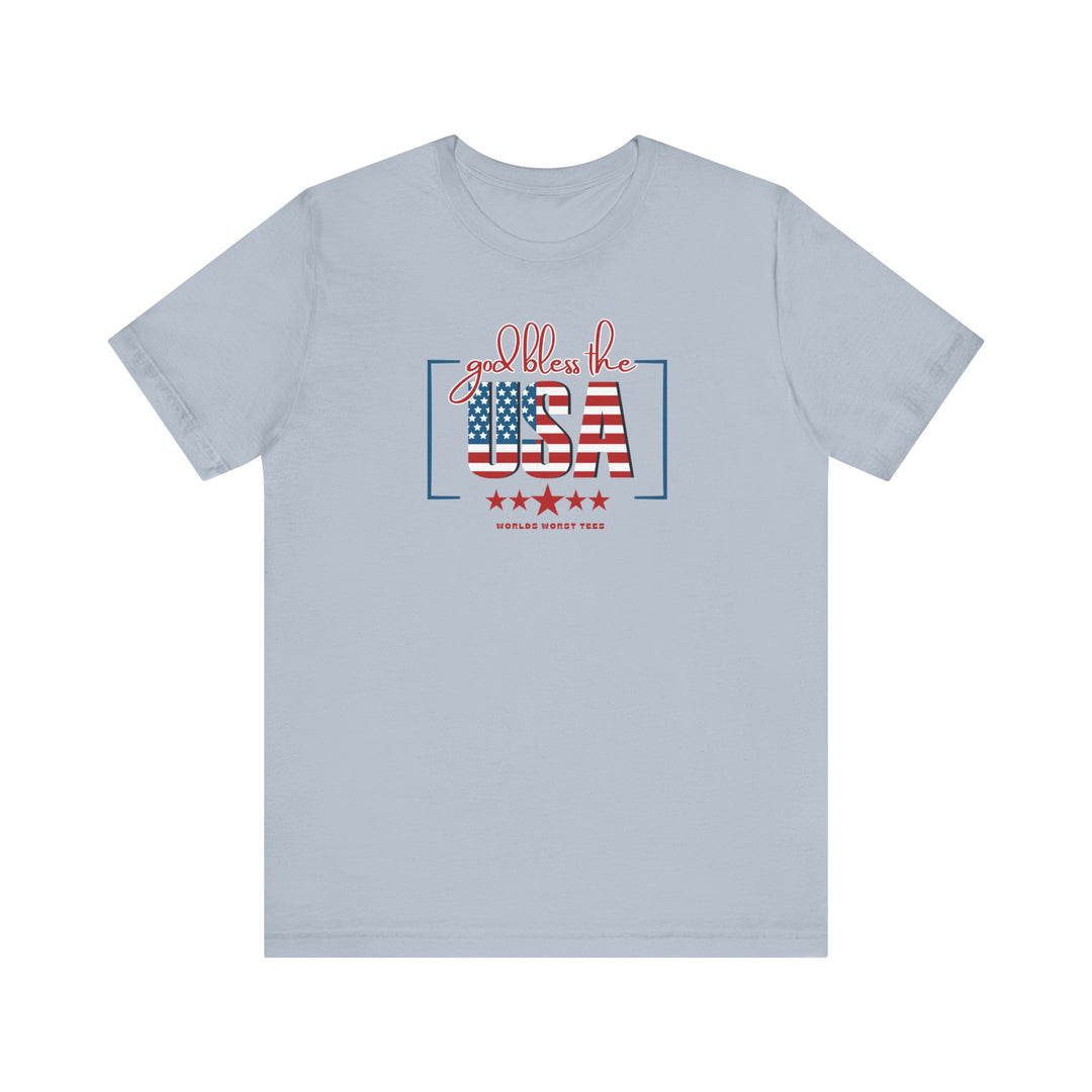 A patriotic God Bless the USA Tee, featuring a flag design with stars and stripes. Unisex jersey tee with ribbed knit collar, 100% cotton, retail fit. Sizes XS to 3XL available.