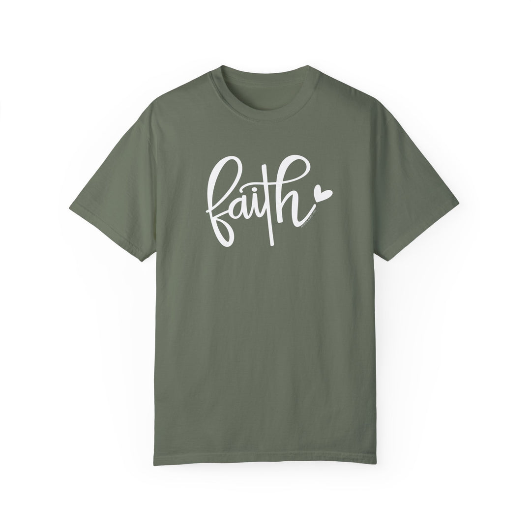 A Faith Tee, garment-dyed 100% ring-spun cotton t-shirt with a relaxed fit. Soft-washed fabric for coziness, double-needle stitching for durability, and seamless design for a tubular shape.