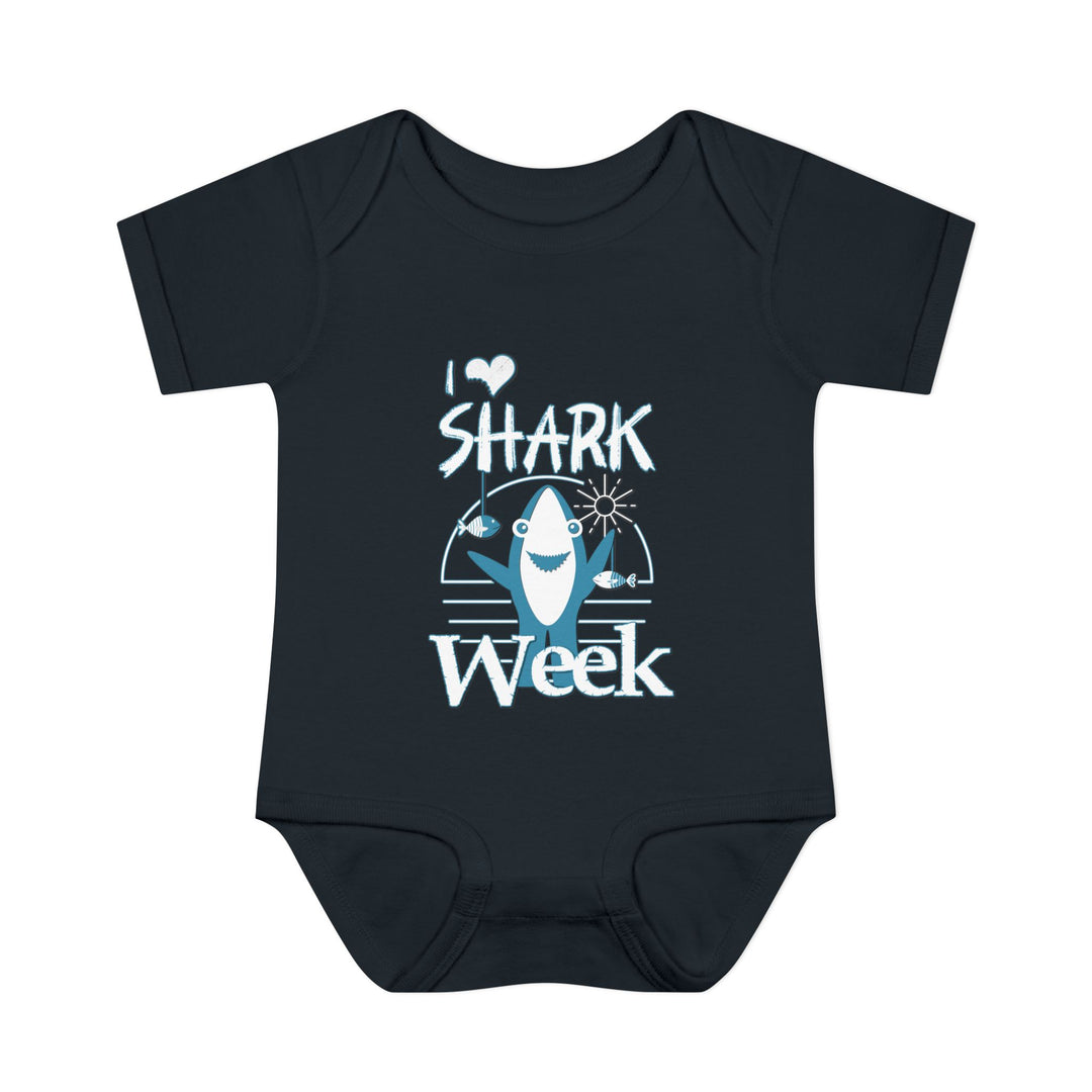 Infant unisex I Love Shark Week onesie, featuring soft, ring-spun cotton with lap shoulders for easy dressing, ideal for comfort and movement.