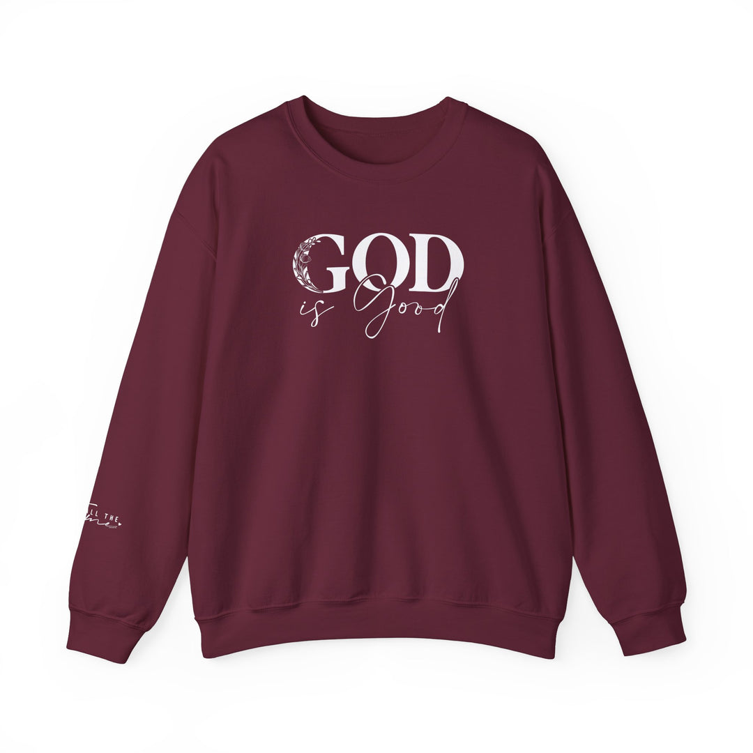 Unisex God is Good Crew sweatshirt, medium-heavy blend of cotton and polyester. Ribbed knit collar, classic fit, double-needle stitching for durability. Ethically made with cozy comfort in mind.