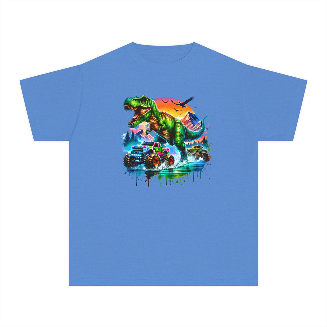 Dino Truck Kids Tee with a vivid T-Rex and monster trucks graphic, perfect for active kids. Made of soft-washed, 100% combed cotton for comfort and durability.